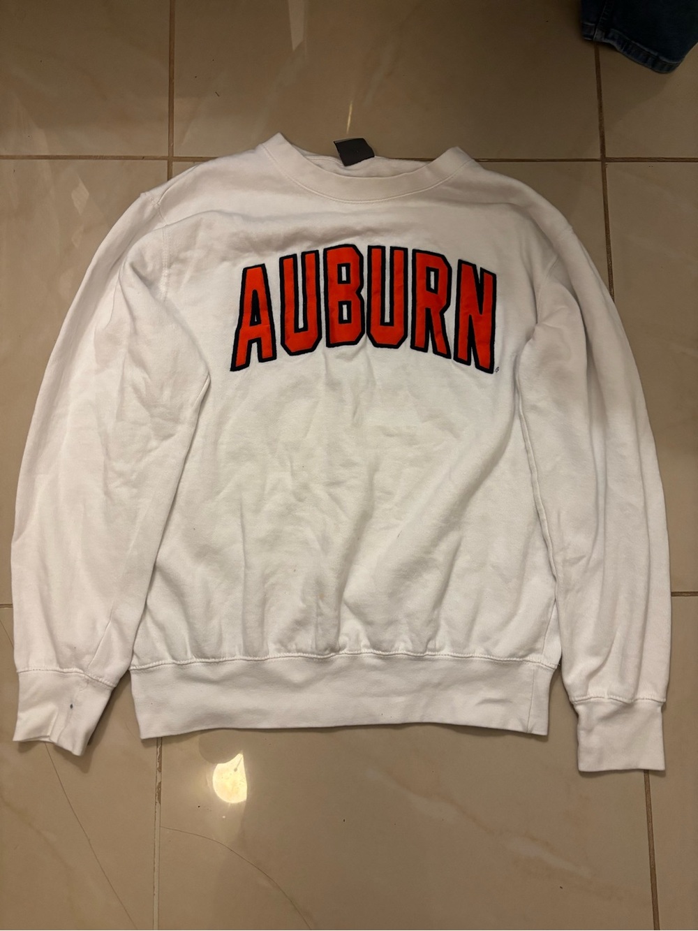 MV Sport White Crewneck Sweatshirt with Orange Auburn Lettering